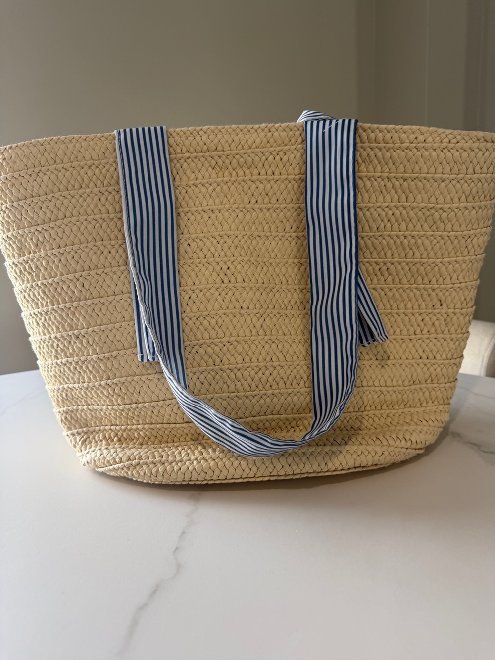 Straw Tote beach Bag with Blue-White Striped Handles - Picture 2 of 11